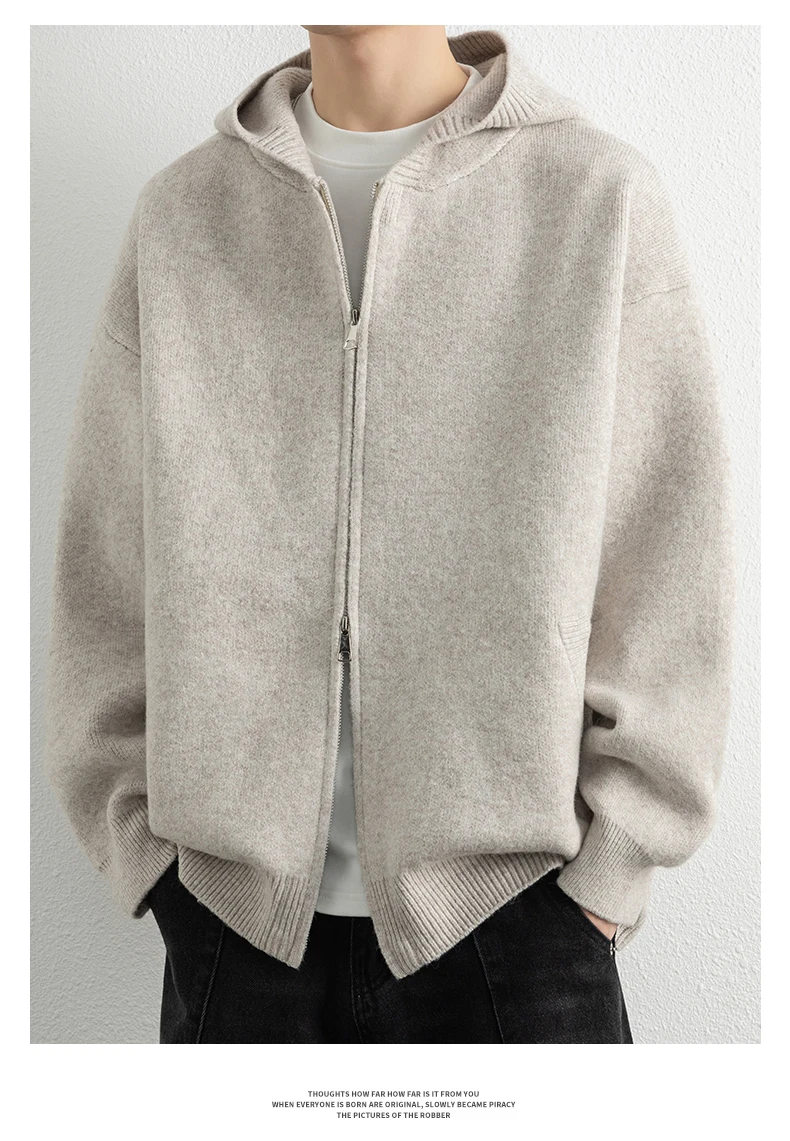 Legible Autumn Winter Casual Sweaters Men Solid Color Hooded Sweatercoats Male Loose Zip-up Knitted Cardigan Man