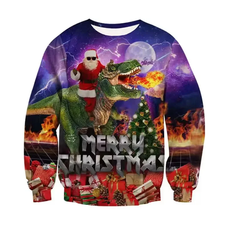Novel Cool Party Christmas Ugly Sweater For Men Unique Neon Print Santa Snowman Animal Pullover Sweatshirt Fashion Festival Top