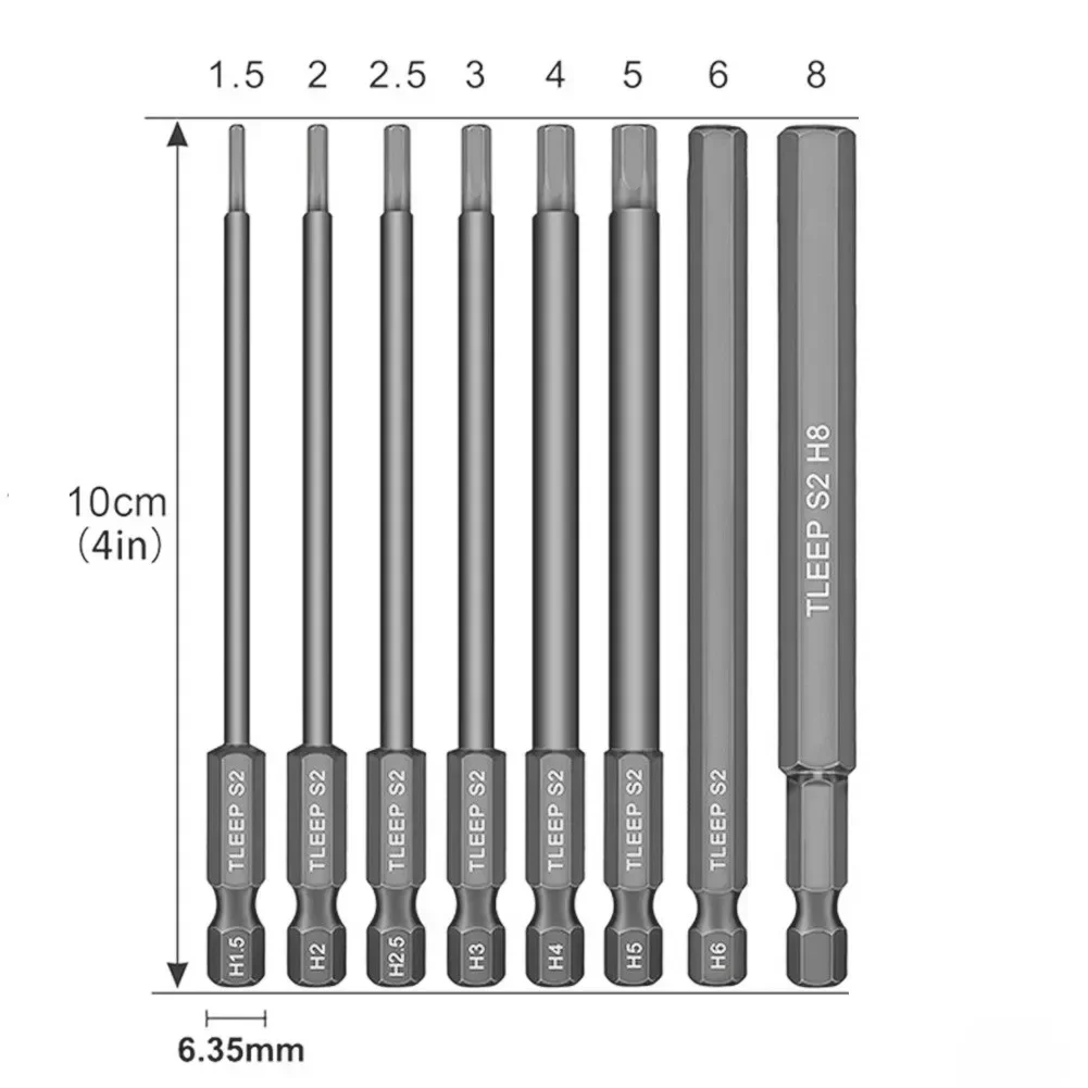 8 PCS Hex Shank Drill Bits Set 1.5/2/2.5/3/4/5/6/8mm Magnetic Screwdriver Bit 100mm Length Metric Wrench Hex Head Bits