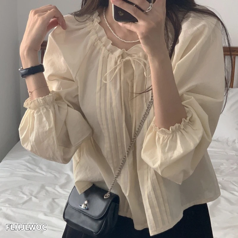 

Hot Sales Bow Tie Ruffles Tops Blusas 2024 Cute Sweet Girls Chic Korea Fashion Clothes Solid Cotton Blends Women Shirts Blouses