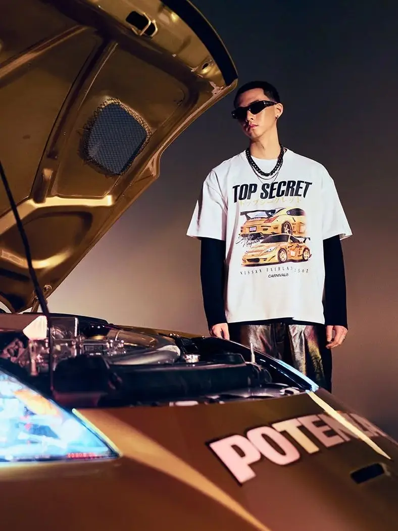 تي شيرت رجالي عتيق من TOP SECRET 100% قطن كبير الحجم برسومات السيارات الرجعية للرجال والنساء ملابس الشارع الكلاسيكية