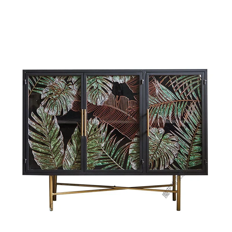 

Hand painted decorative glass side cabinet metal home storage cabinet