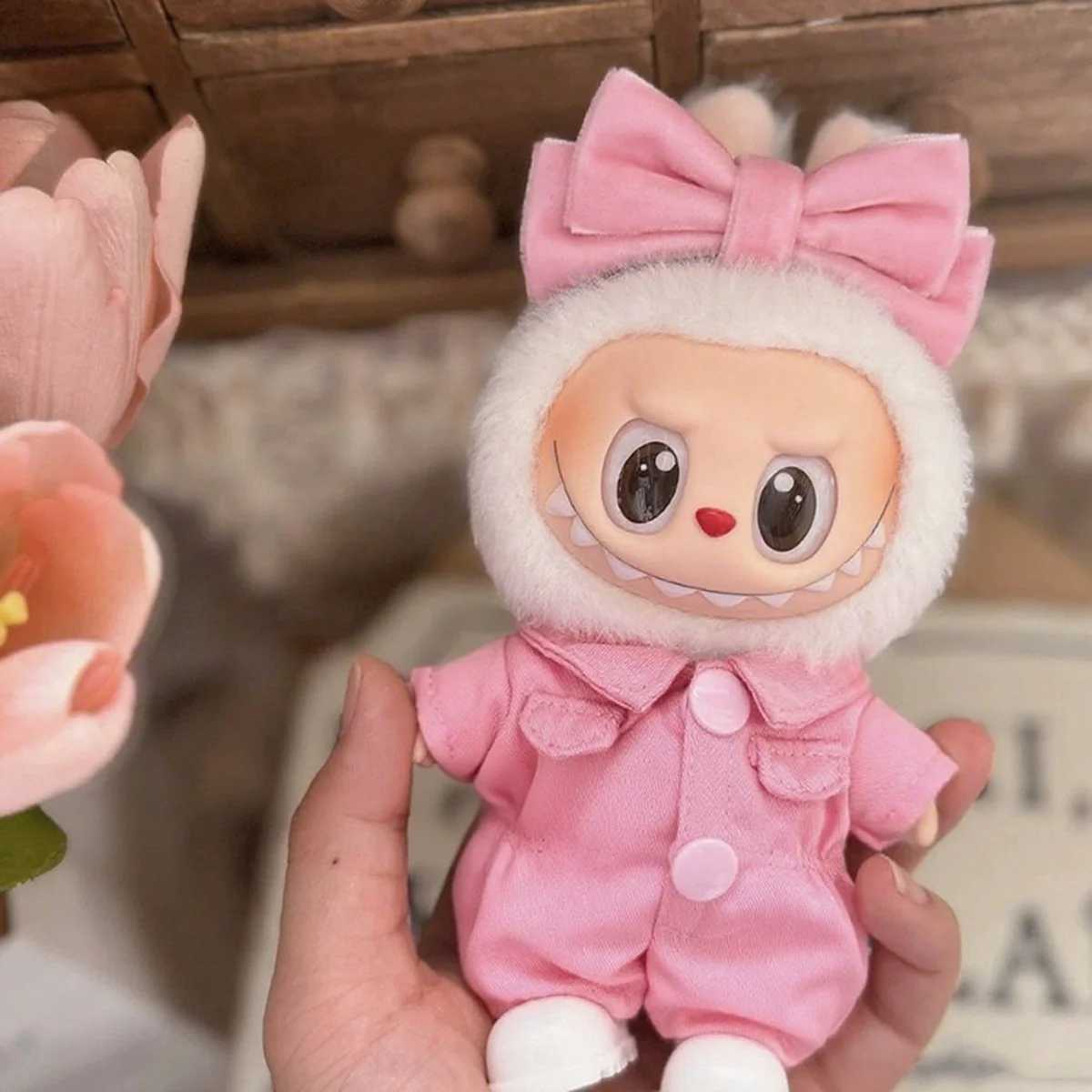 Mini Plush Doll Overalls Jumpsuit Clothes for Labubu Pink Set Outfits Decoration Dolls Accessories ﻿