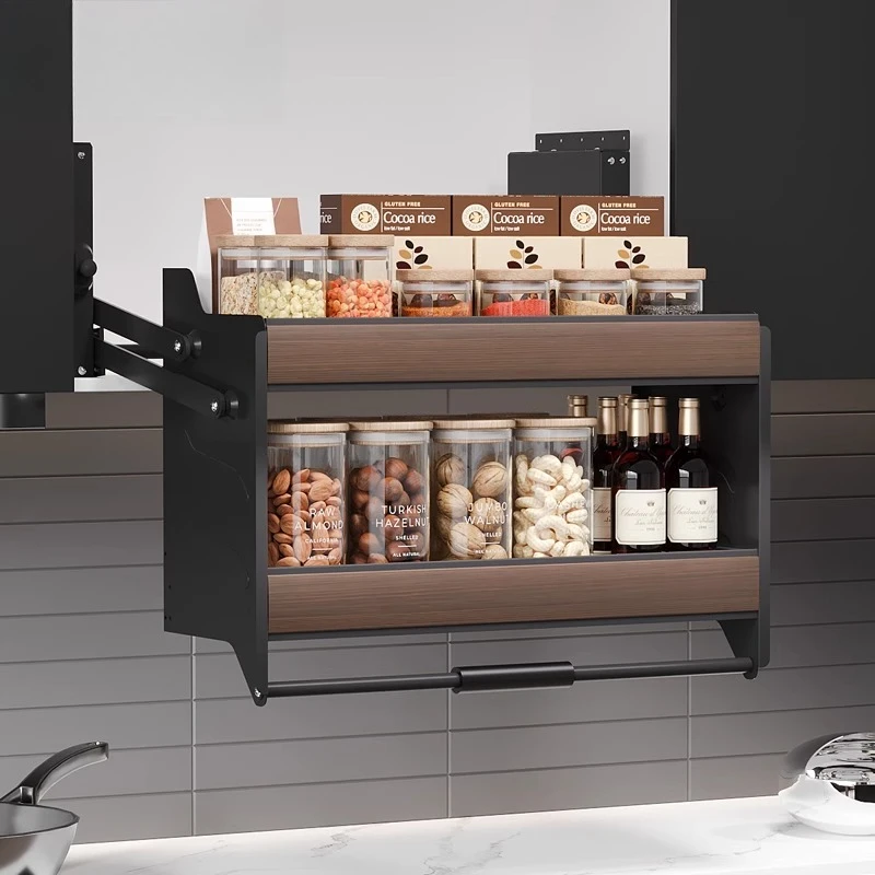 

Hanging cabinet pull basket Kitchen cabinet Lift pull basket High cabinet drop-down seasoning basket Wood grain damping adjustab