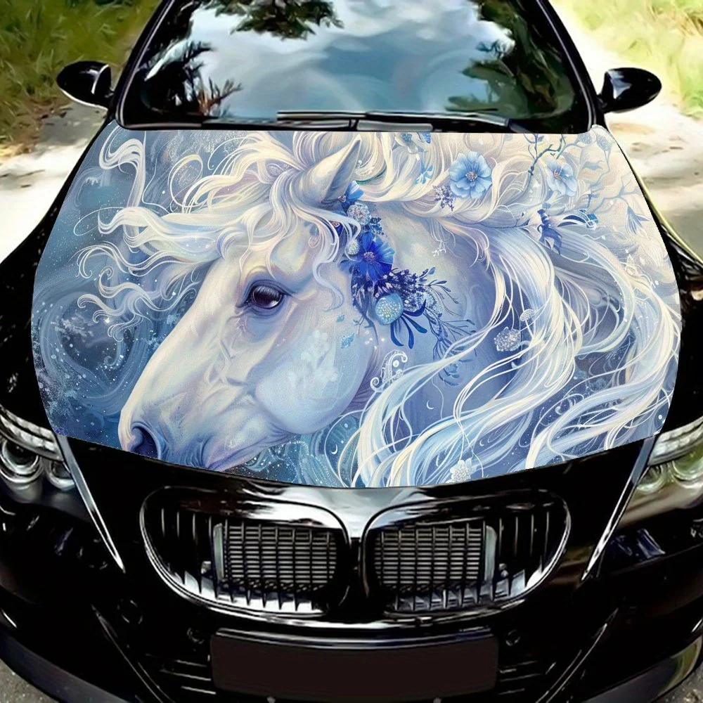 

Увлекательный дизайн с струящейся гривой, белая лошадь, виниловая наклейка на капот автомобиля, самоклеящаяся водонепроницаемая защита автомобильного чехла, декабрь