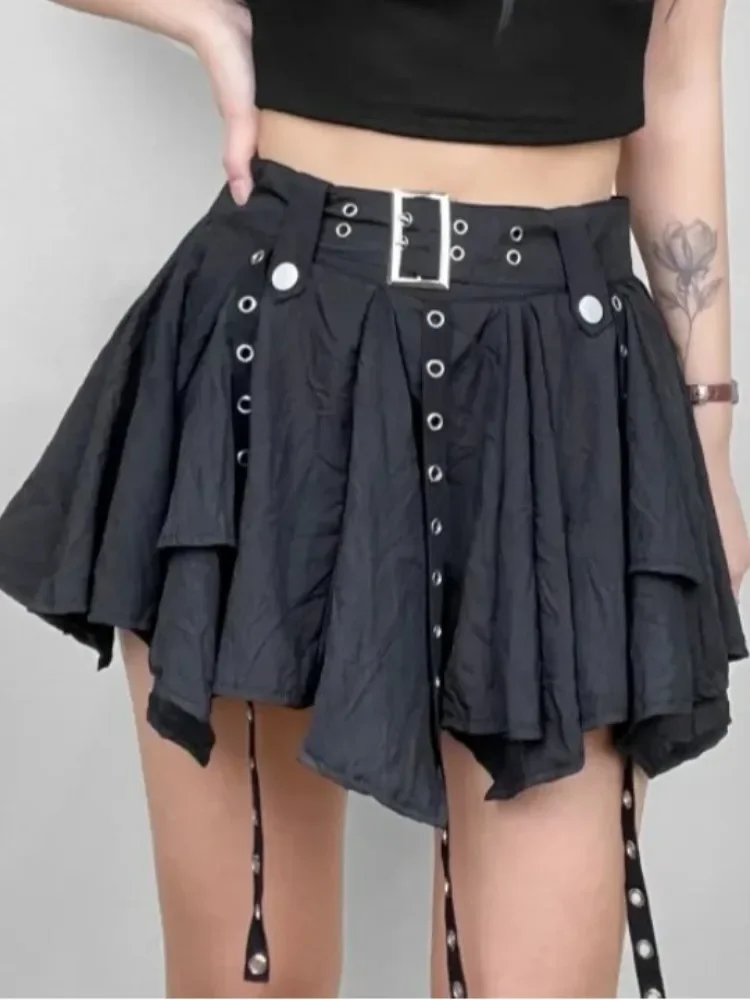 West Retro Bohemian Style Maillard Women Crumpled Layer Mini Skirt with Belt Strap Short Skirt Grunge E-Girl Y2K Acubi Outfit view 5