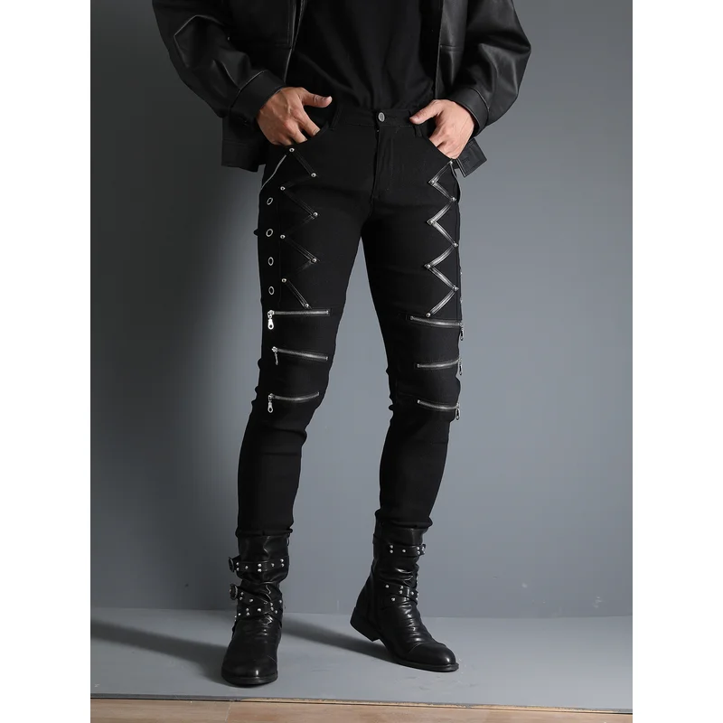 Pantalones pitillo estilo punk para hombre con cremallera múltiple Slim Fit Night Club Wear pantalones de Hip Hop para hombre