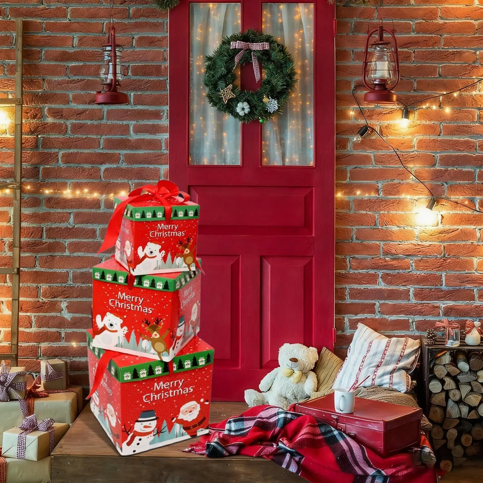 Christmas Boxes Stackable Storage Scene Prop With Bow Christmas Nesting Empty Boxes For Bedroom Dining Room Living Room Yard