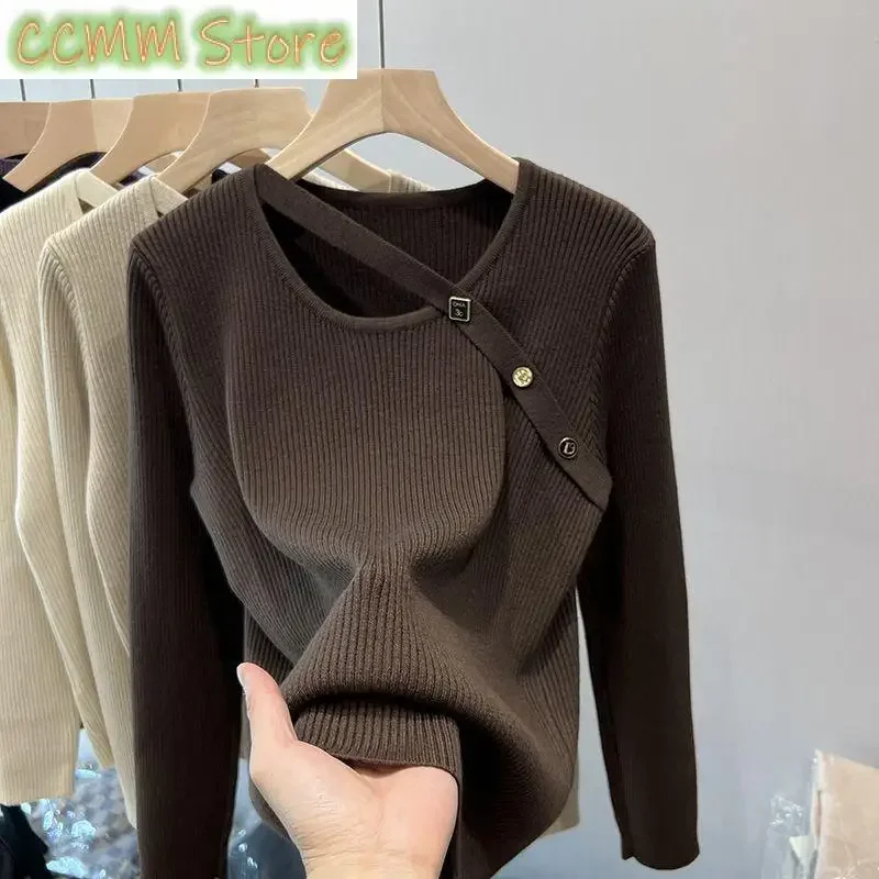 

New Autumn Trend Solid Round Neck Sweater Women's Fashion Unique Design Irregular Buttons Outer Wear Knitted Long Sleeved Top