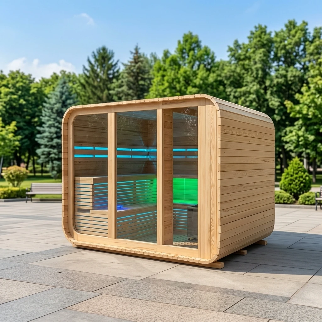 Outdoor Sauna and Rest Area Timber House Prefabricated Cedar square Sauna 4 Person for Optional