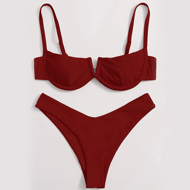 Fashion Summer Bikinis Set Female Thongs Swimsuit Beach Bathing Suits For Women Sexy Two-piece Swimwear Solid Color Beachwear