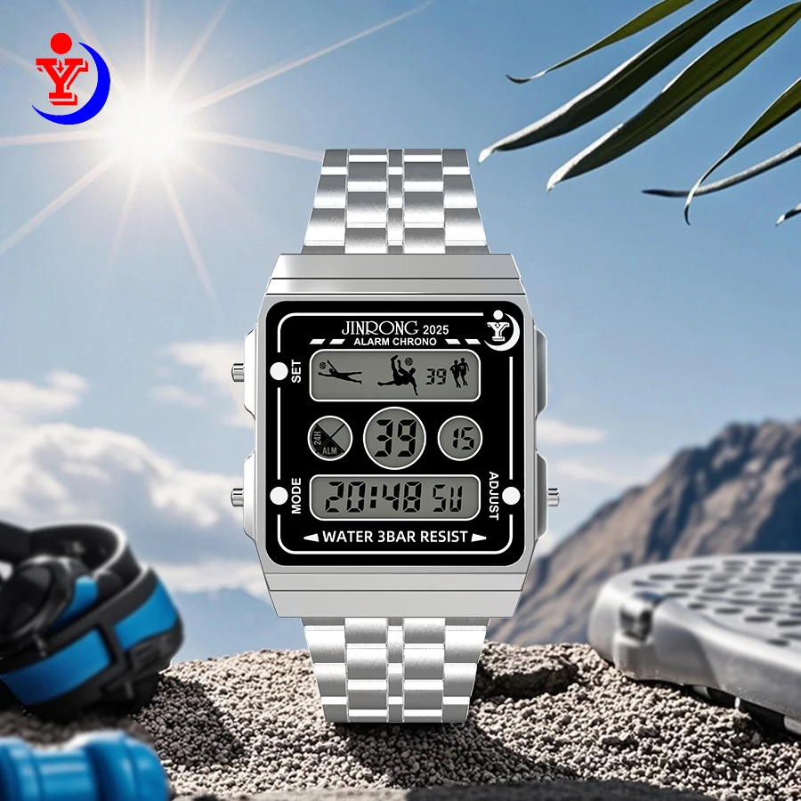 

Мужские модные многофункциональные электронные спортивные часы из нержавеющей стали, водонепроницаемость 30 м, красочный светодиодный ночник, хронограф