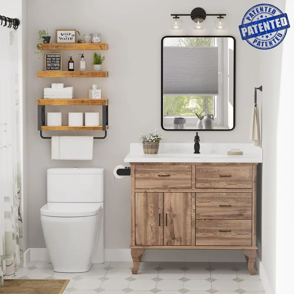Over-the-Toilet Floating Shelves Set, 16 Farmhouse Style, Rustic Brown, 3-Piece Toilet Paper Storage