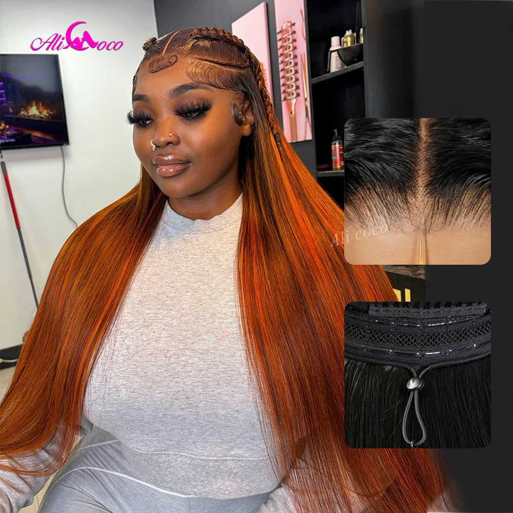 Highlight Ginger Orange with Dark root 180 Density 13x6 Drawstring Wig 13x4 Invisible HD Lace Straight Human Hair Glueless Wigs