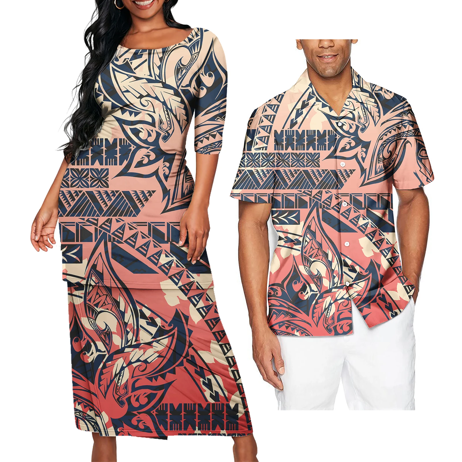 Floral Print Evening Party Puletasi Dresses And Aloha Shirts Couple Of Set Polynesian Hawaiian Tribal Matching Couple Outfits