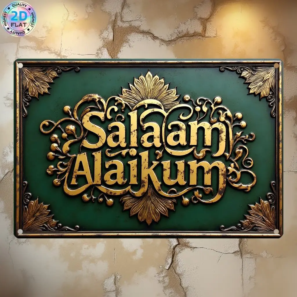 2D Vintage Metal Wall Art Sign, Islamic Arabic Calligraphy Salam Greeting, Muslim Home Prayer Room Office Decor, Ramadan Eid Gif