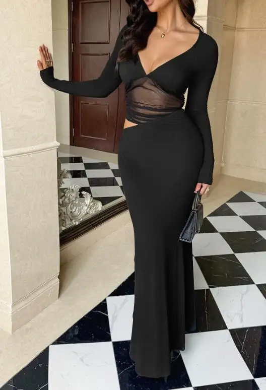 Womens Dresses 2025 Autumn/winter Long Sleeved Slim Fit Dress with Buttocks Dress Sexy Tight Fitting Hip Hugging Elegant Dress