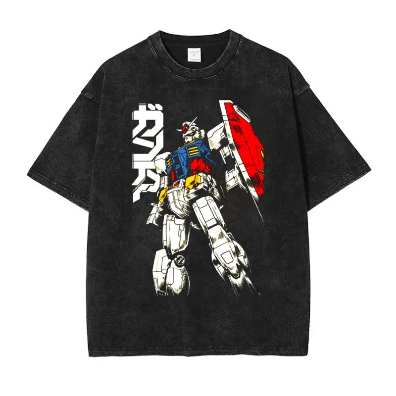 2026 Summer Anime Gundam Unicorn Oversized T-shirt, RX-0 Unicorn Print with Kanji Casual Streetwear Washed Tee For Men Women