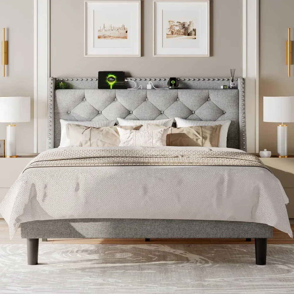 Luxury Wingback Full Size Bed Frame with Upholstered Button Tufted Storage Headboard and Fast Charging Station