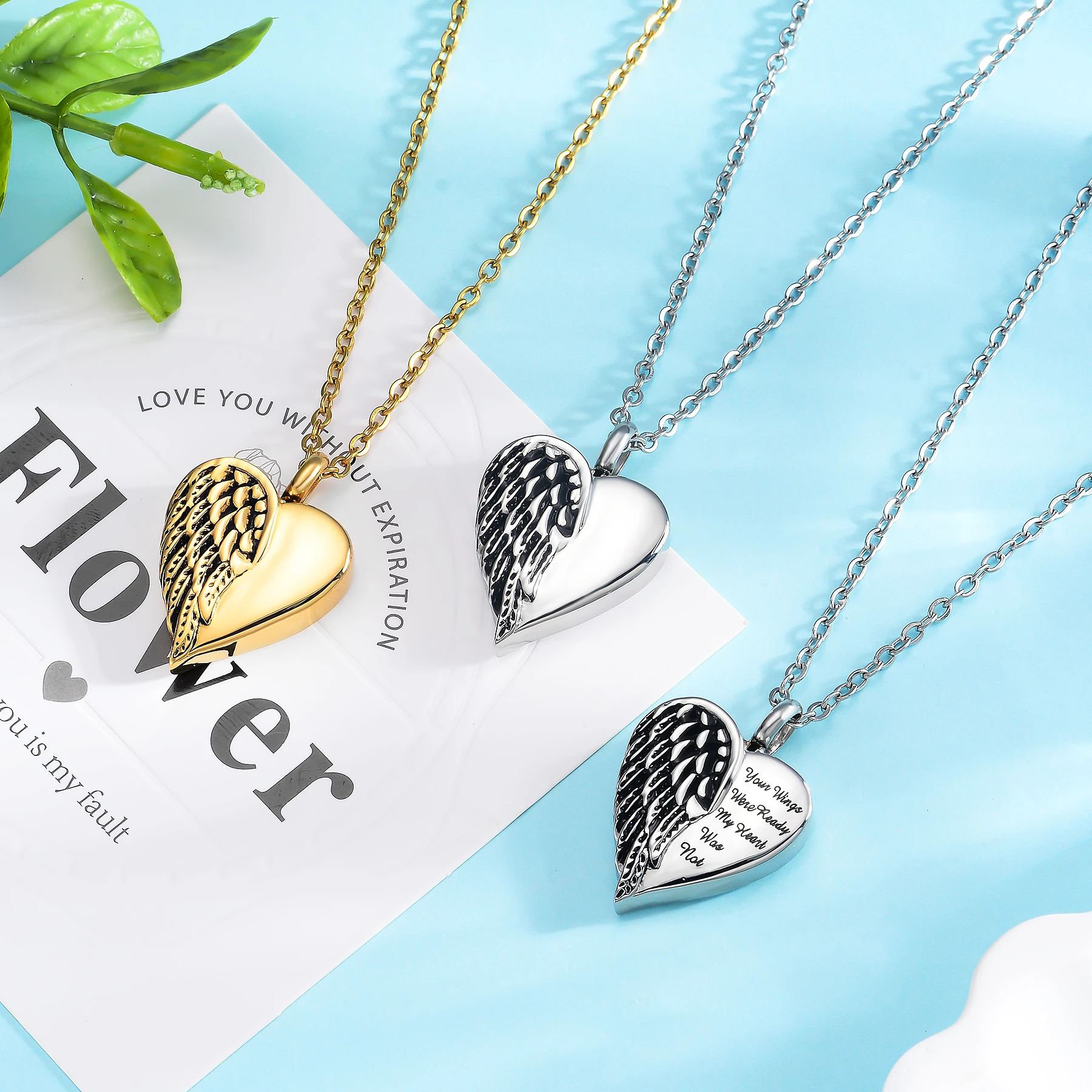 Customized Stainless Steel Angel Wing Hold Heart Cremation Urn Necklace Keepsake Memorial Jewelry For Ash
