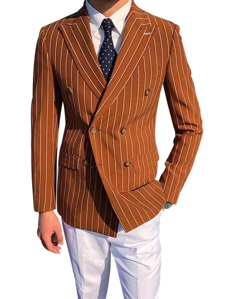 

One PCS Brown Striped Men Suits Blazer Wedding Bridegroom Business Groom Tuxedo Jacket Formal Double Breasted Party Prom Coat
