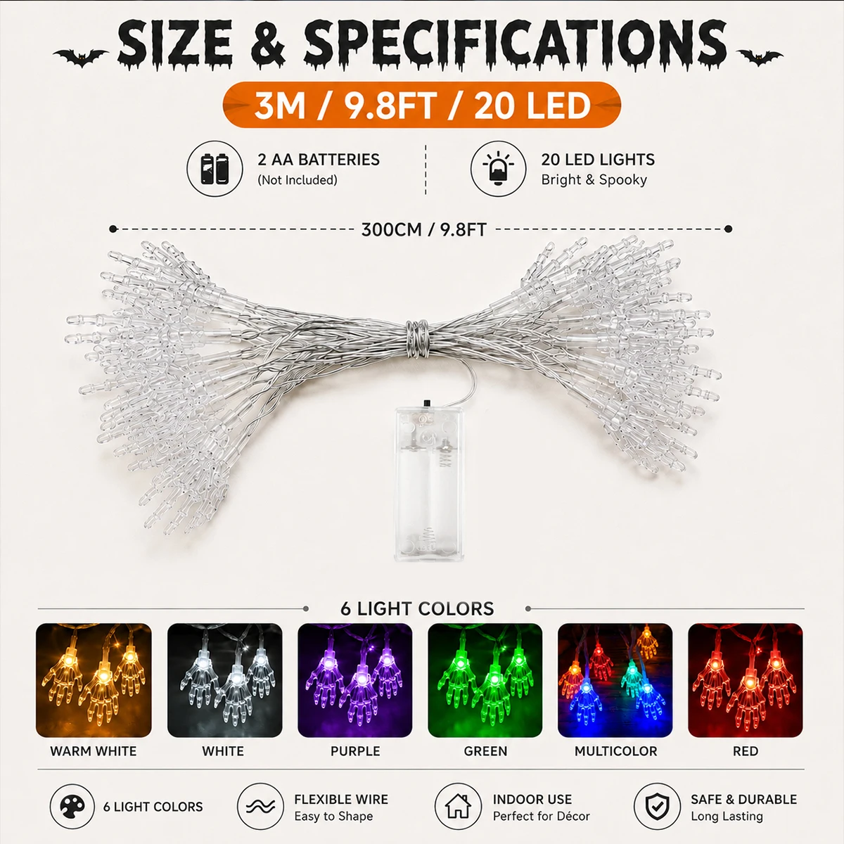 1PC 20LED Clear Skeleton Palm String Lights Creepy Bone Hand Hanging Lights For Halloween Bar Cafe Yard Haunted Home Decoration