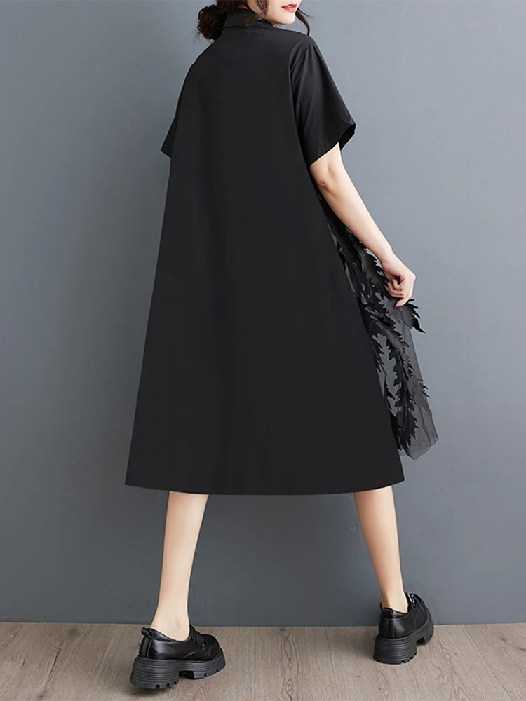 فستان نسائي مقاس كبير من NYFS لربيع وصيف 2025 فساتين قميص شبكية فضفاضة مرقعة رداء Elbise أسود بأكمام قصيرة على الطراز الكوري