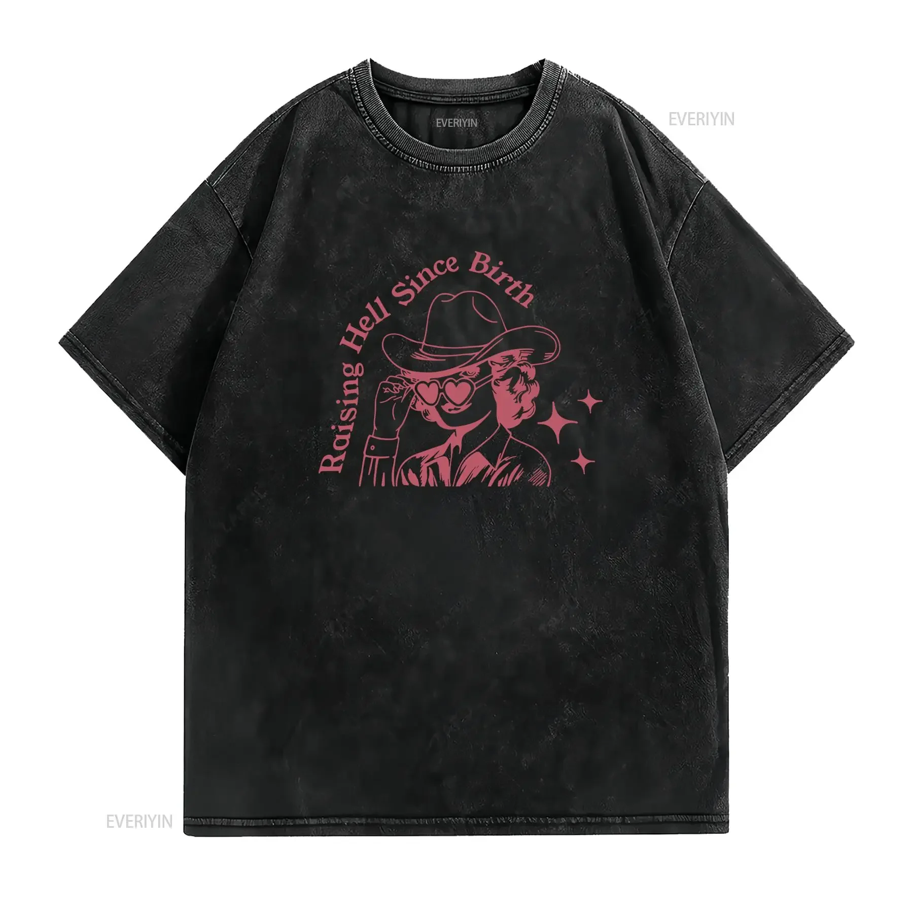 Vintage Gothic Western Cowboy Skull Raising Hell Since Birth Slogan Print Casual Streetwear T Shirt vintage Washed Soft graphic