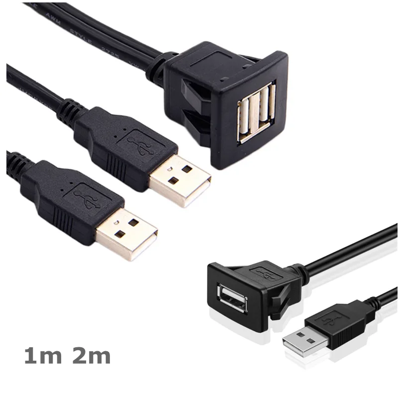 Dual USB Flush Mount Cable w/Buckle (Square)- Dashboard Panel Dash Mount 2 Ports Dual USB Socket Plug Jack Connector Extension