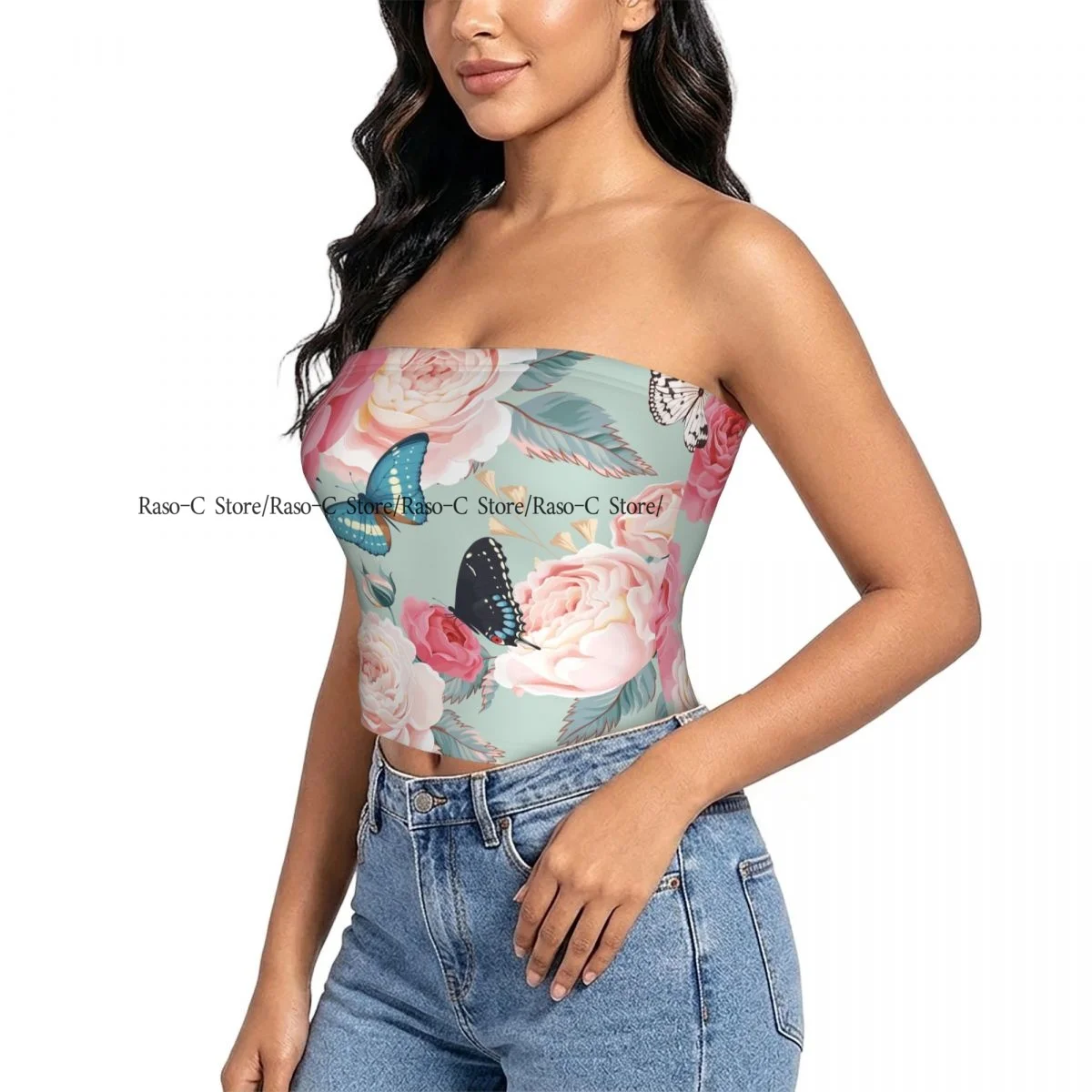 Women Shirt Summer Strapless Backless Tops Pink Peony Roses And Butterfly Sleeveless Vest