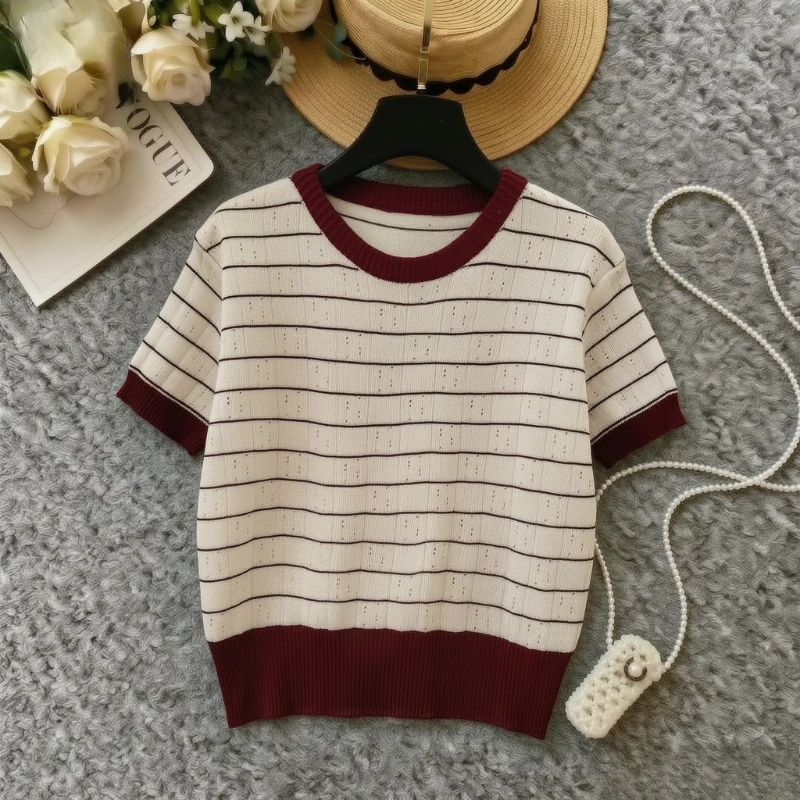 Round Neck Striped Hollow Knit Jumper Women Burgundy Color Block Short Sleeve Soft Stretch Daily Slim Fit Knit Pullover Blouse