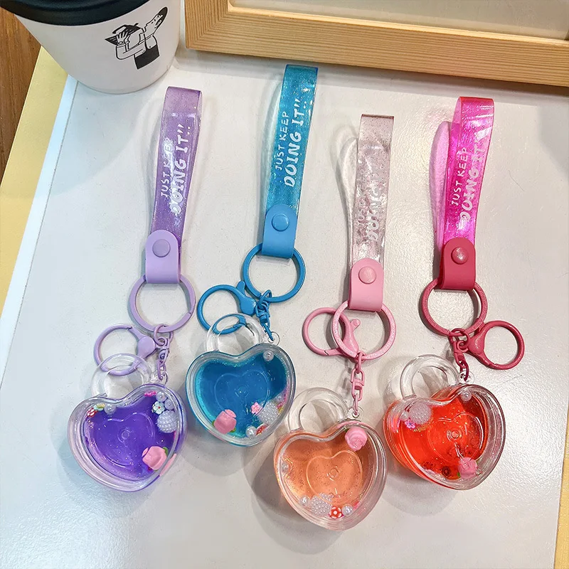 Cartoon Tulip Heart Lock Trinket Key Chains Cute Quicksand Flower Acrylic Liquid Keyring Pendant Women Girl Bag Hanging Keychain