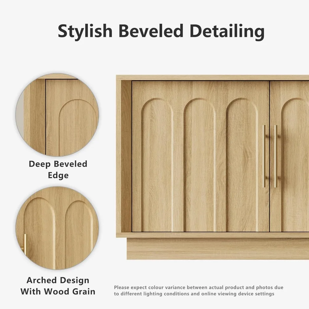 حامل تلفزيون للتلفزيون مقاس 75 بوصة، حامل تلفزيون حديث لمنتصف القرن بتصميم مقوس، لمسة نهائية من الحبوب الخشبية، لغرفة المعيشة وغرفة النوم