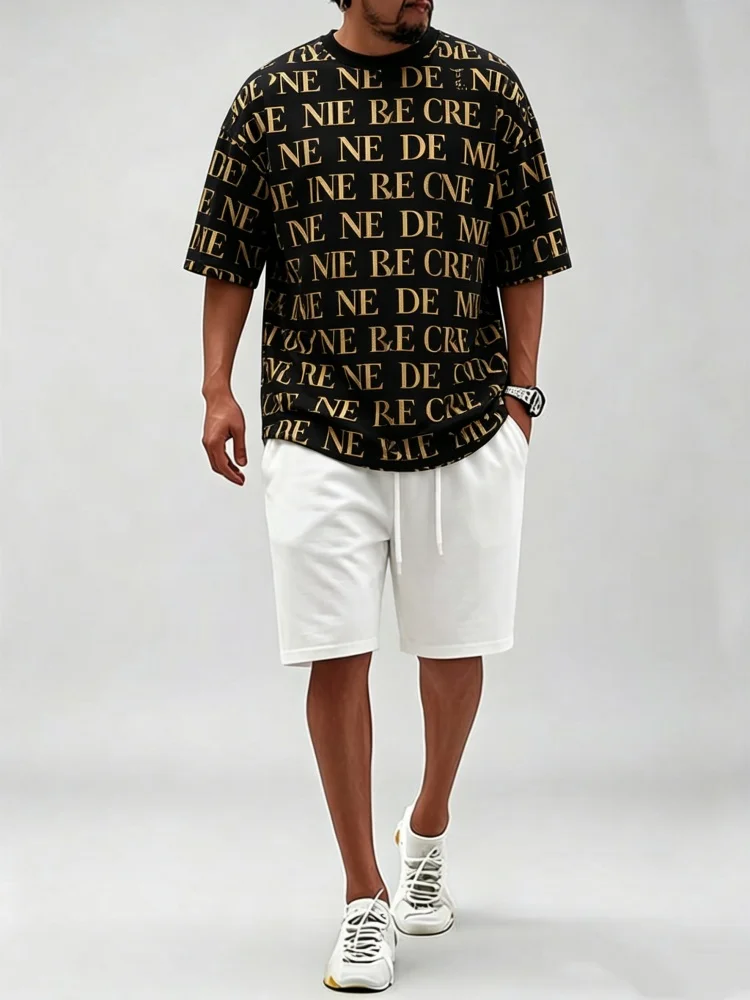 Men Black Gold Letter Print Baggy Short Sleeve T Shirt Relaxed Fit White Casual Shorts Daily Fashion Two Piece Outfit