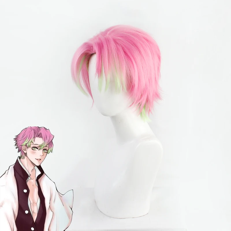 Peruka do cosplayu Kanroji Mitsuri z Kimetsu No Yaiba, krótka, różowo-zielona, syntetyczna, dla mężczyzn + darmowy czepek pod perukę
