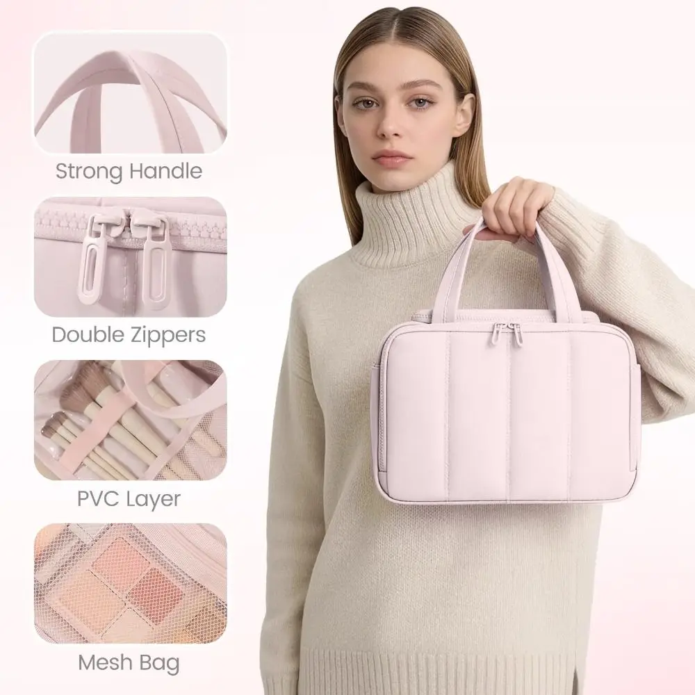 Large Capacity Travel Toiletry Bag Dry-wet Separation Adjustable Dividers Makeup Handbag Mesh Pocket Double Zipper