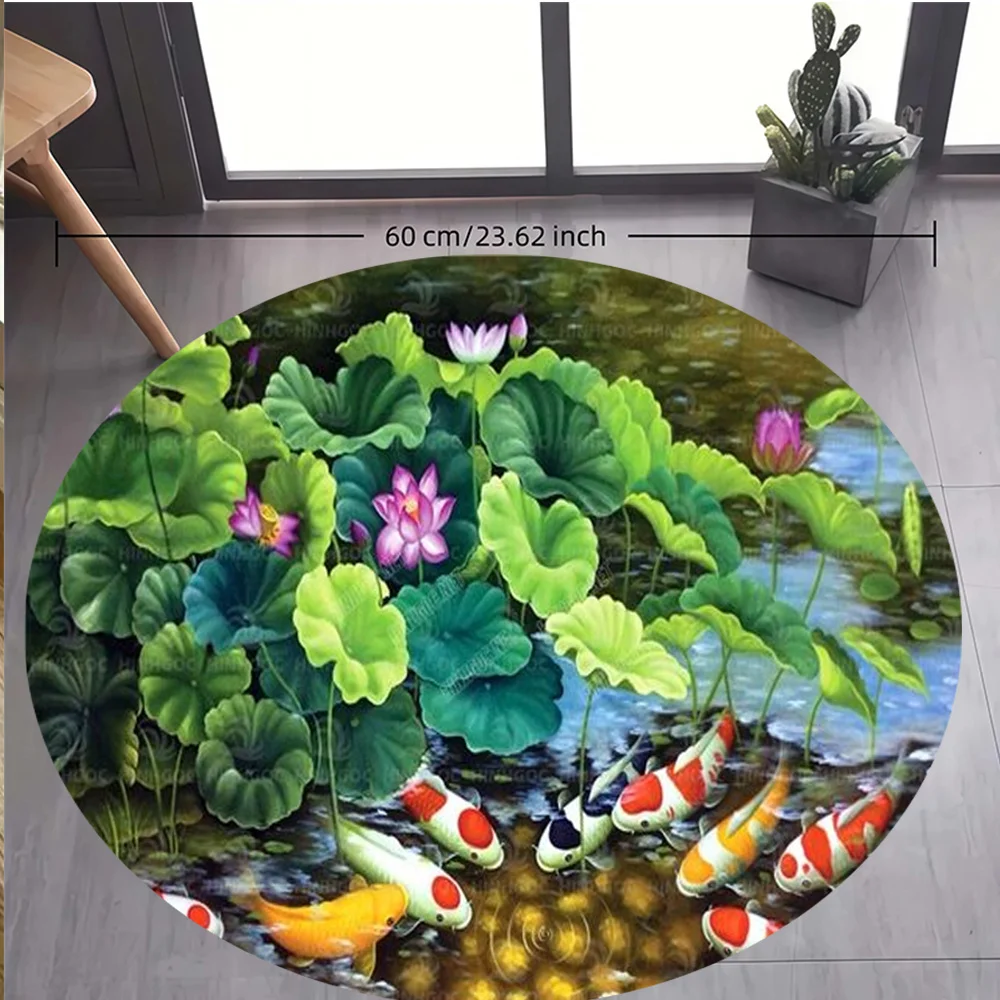 Round Koi Fish Pond Rug Flannel Printed Floor Mat Living Room Decor Soft Non Slip Area Rug With Lotus Flowers And Water Lilies