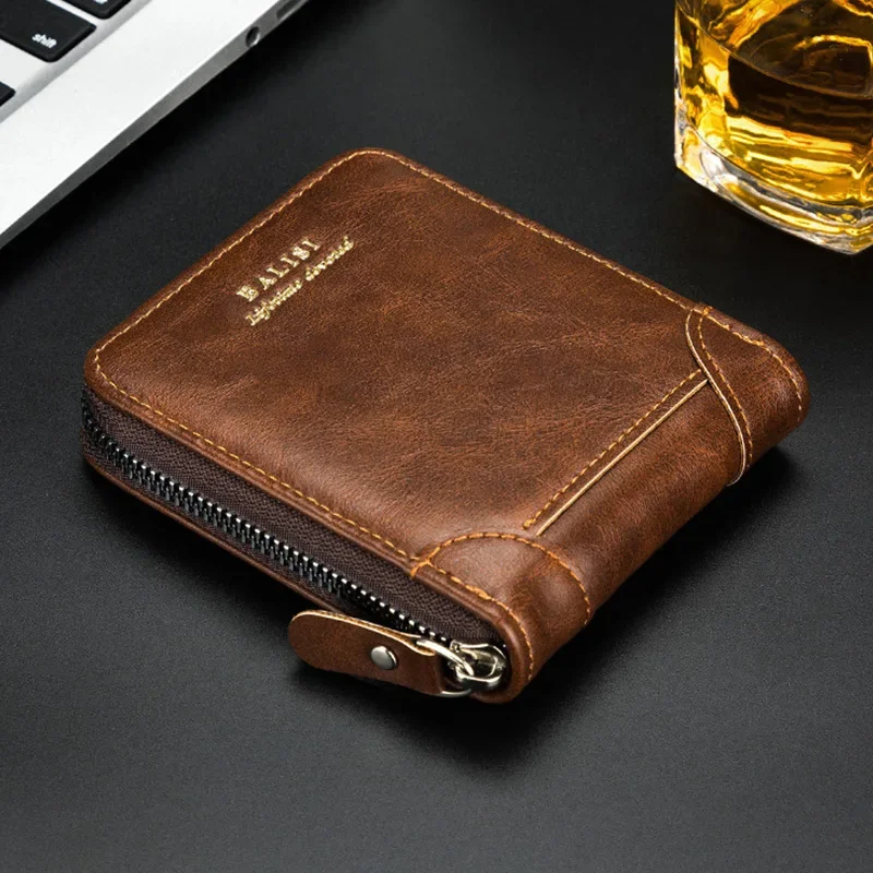 

2025 New Men's Wallet PU Leather Purse Zipper Retro Style Short Wallets Men Card Holders Coin Storage Money Bag A03