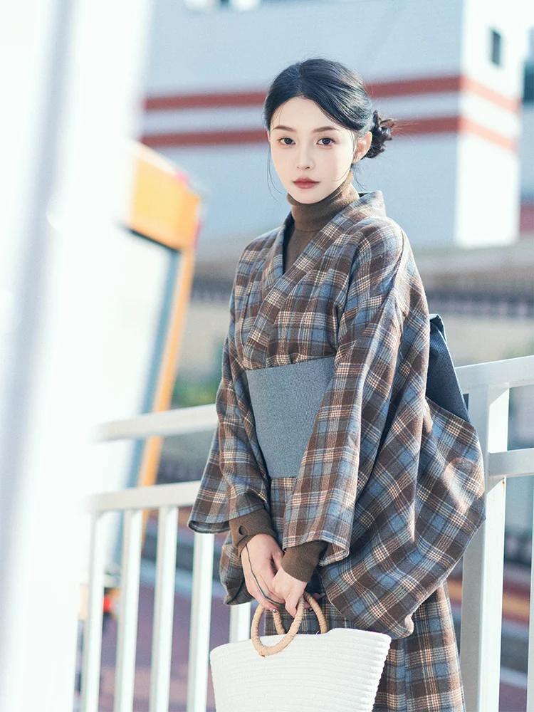 Retro Plaid Daily Style Improved Kimono Japanese Dress