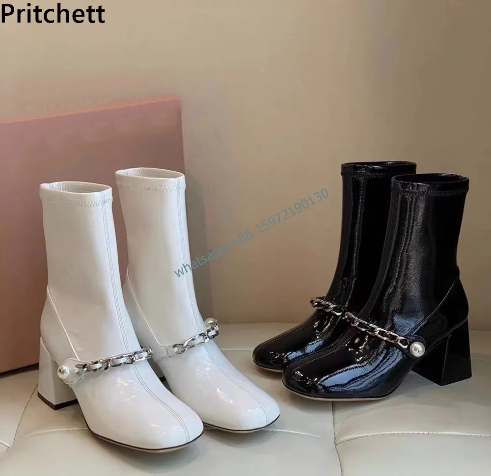 

Metal Chain Pearl Ankle Boots Square Toe Chunky Heels Solid Black White Shoes Slip On Elegant Street Shoot Style Fashion Shoes