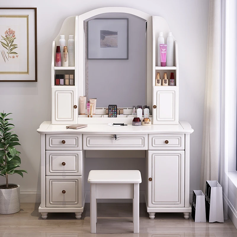 Light luxury solid wood dresser bedroom modern simple white makeup table mirror with lamp makeup table