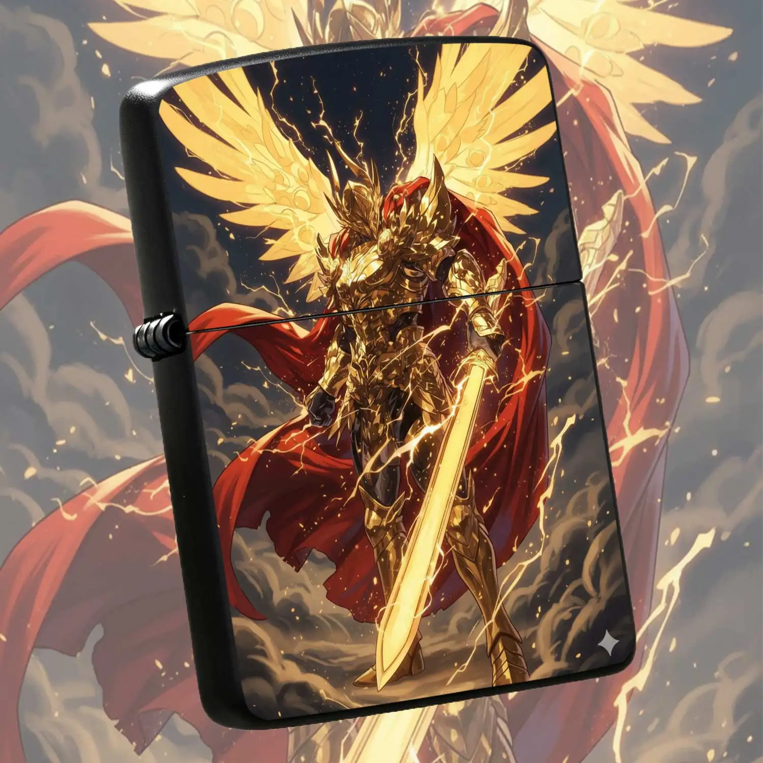 Reusable Flip-Top Pocket Metal Windproof Lighter, Mythical Golden Armored Winged War God Themed, Refillable Fuel Portable Design, Cool Dark Style Creative Personalized Lighter, Suitable for Daily Collection, Play and Outdoor Emerg