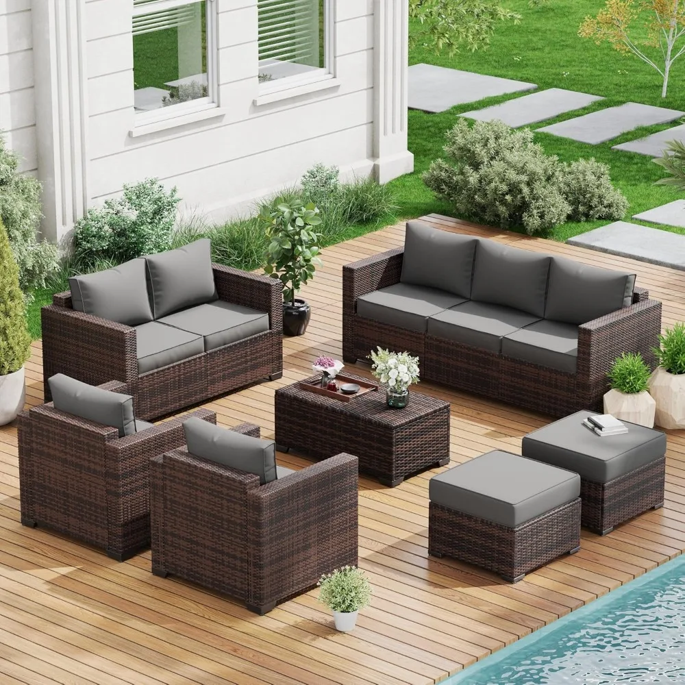 

Patio Furniture Set, Outdoor Sectional Wicker Patio Fruniture with Ottoman, Outdoor Patio Set Backyard Furniture with Waterproo