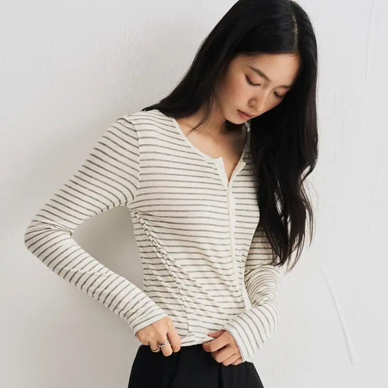 

Fashion Wool Base Sweater Women's Spring and Summer New Round Neck Slim Fit Knitted Sweater Solid Color Striped Long Sleeved Top
