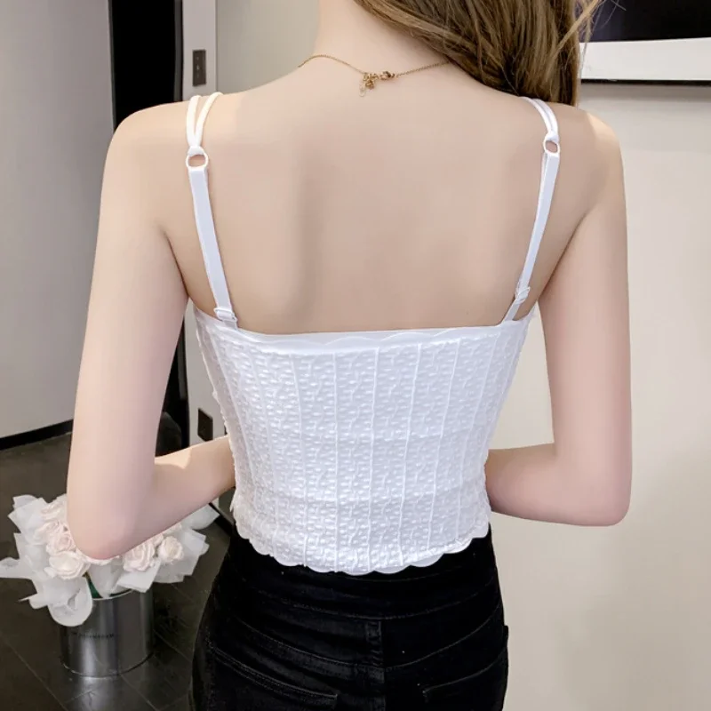 Lace Tank Top Off Shoulder Spaghetti Strap Sleeveless Solid Color Camis for Women with Chest Pad Beauty Back Crop Top Women