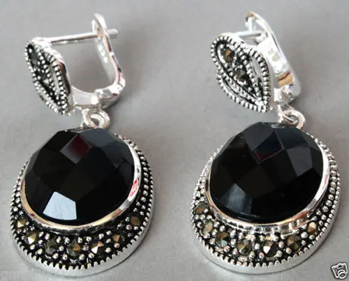 

lovers women good Vintage 925 Sterling Natural Faceted Black stone Onyx Marcasite Earrings real Natural gem stone 925 si