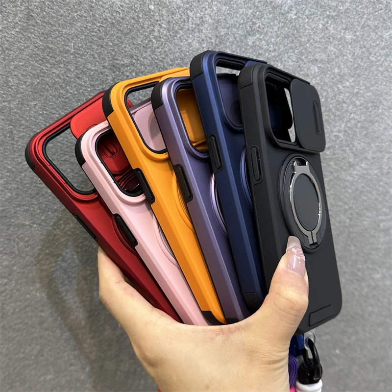 Slide Camera Protection Ring Magnetic Case For iPhone 17 16 15 14 13 12 11 Pro Max Wrist Strap Cord For Magsafe Shockproof Cover