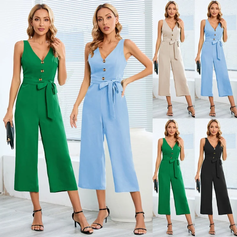 

Fashion Sexy Slim Elegance Sleeveless ButtonsVCollar Jumpsuit Outer Size Straight Medium Long Trousers Women's Clothing plus Siz