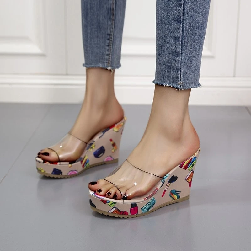 Women Wedges Slippers High Heels Platform Casual Ladies Slides Summer Retro Transparent Floral Thick-Sole Slippers Ethnic Style