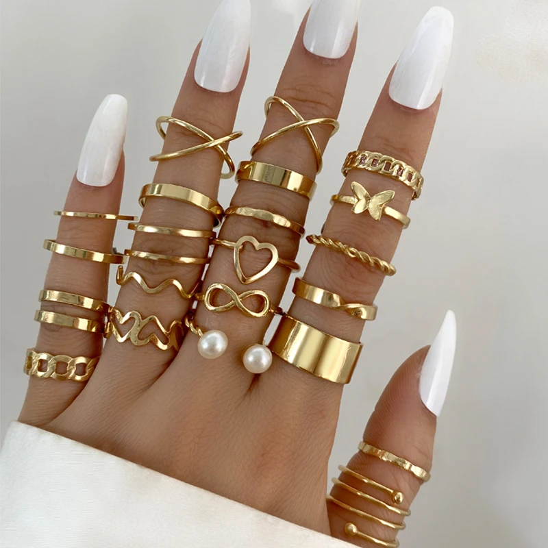 Vintage Hollow Heart Butterfly Rings Set For Women Metal Silver Color Geometric Spiral Shape Ring 22pcs Set 2024 Trendy Jewelry